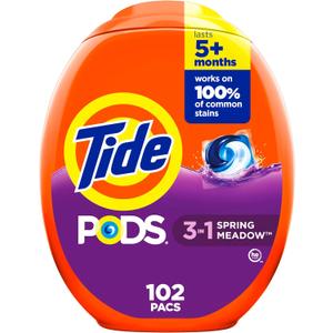 Tide PODS laundry detergent pacs, 3-in-1 Stain Remover, Odor Fighter, Color Protector, 102 Count, HE compatible, Spring Meadow Scent