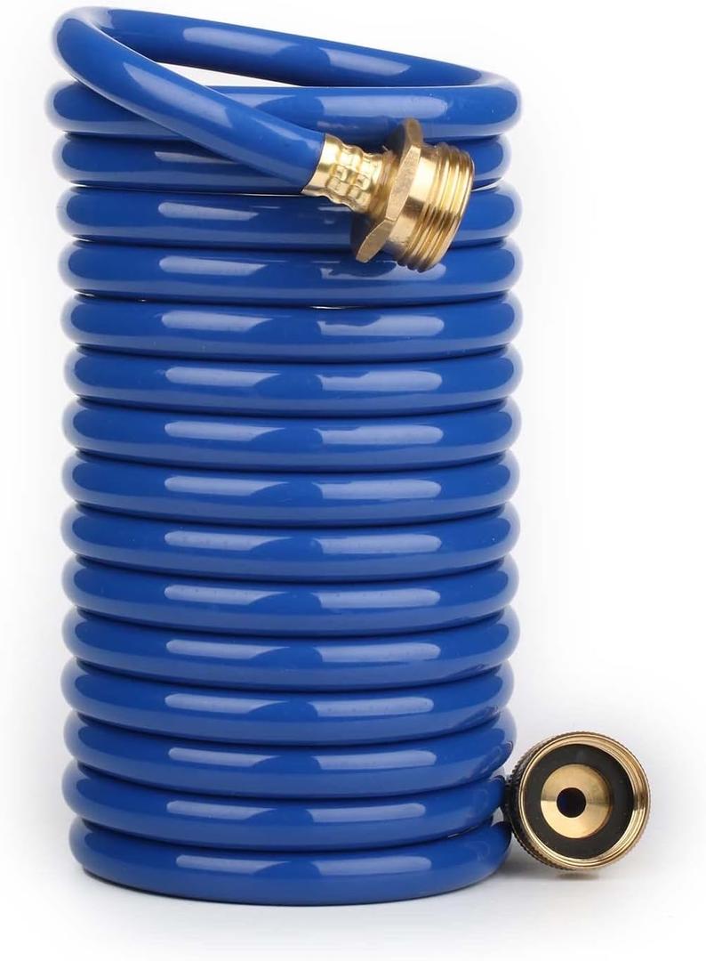 EVA Coil Garden Hose for Gardener: Retractable Self Coiling Hoses with 3/4" GHT Solid Brass Fittings - Kink Free and Flexible for Home and Garden Yard (15FT, Blue)