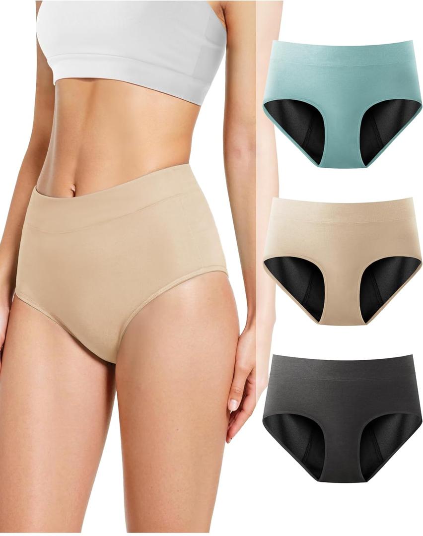 TIICHOO Incontinence Underwear for Women Washable Protective Briefs 3 Pack(Large, Dark Grey/Turquoise Green/Beige) (L)