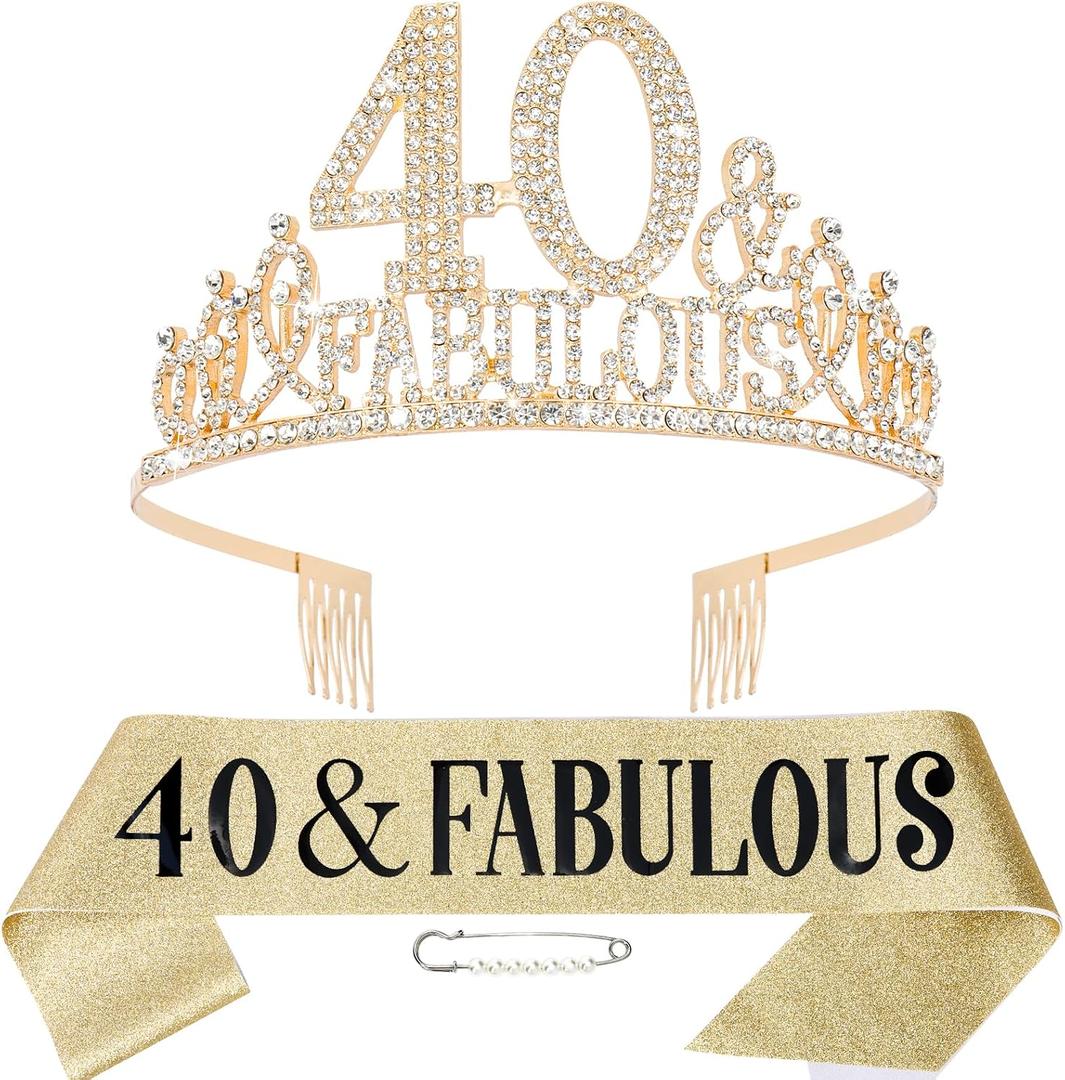 40th Birthday Sash, Tiara & Crown for Women - Happy 40 and Fabulous Decorations