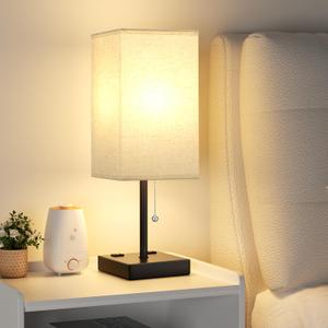 aooshine Beige Table Lamp for Bedroom - 3 Color Temperature 3000K 5000K 4000K Bedside Lamp, Pull Chain Control, USB A and C Ports, AC Outlets, Bulb Included, Medium (17.4in - 1PCS)