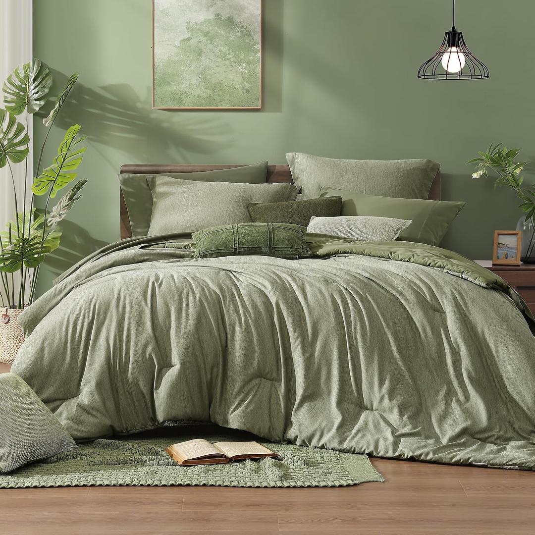 Monbix King Size Comforter Set, Sage Green King Size Bed Set Reversible 7 Pieces, Cationic Dyeing Bed in a Bag with Comforter, Sheets, Pillowcases & Shams