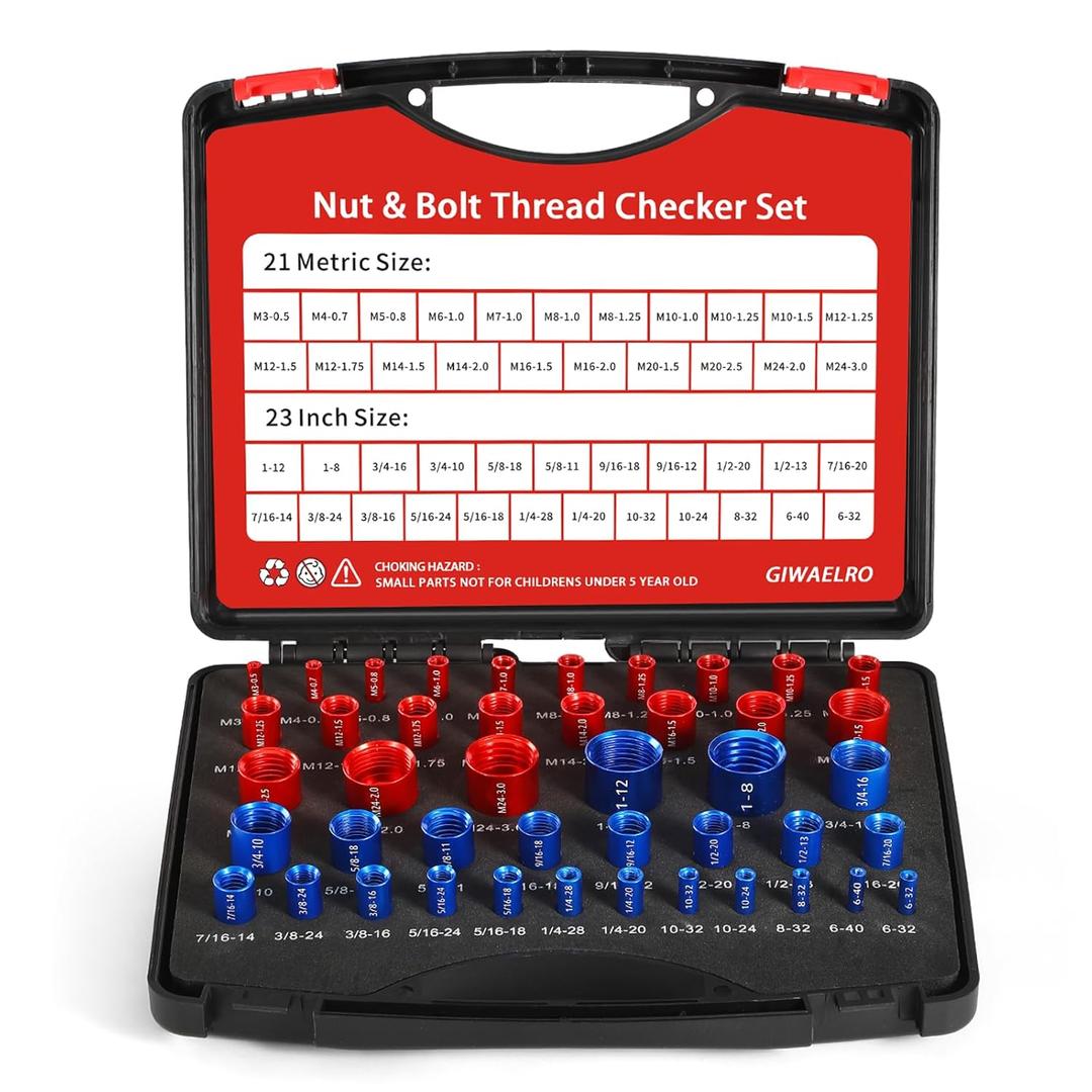 Giwaelro Nut and Bolt Thread Checker - 44 PCS Nut and Bolt Gauges Individually Housed in Case (23 Inch & 21 Metric) Specially Suitable for Size Check on Tricky and Narrow Area