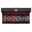 SONGMICS Watch Box, 6-Slot Watch Case Organizer with Large Glass Lid, Removable Pillows, Gift for Loved Ones, Black Synthetic Leather, Wine Red Lining UJWB006R01