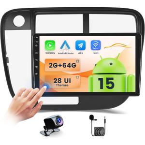 Fuluku2+64G Android 15 Radio for Honda Civic 1996-2001 with Wireless Carplay Android Auto, 9" Touch Screen Stereo GPS WiFi Bluetooth SWC FM RDS Mic Backup Camera
