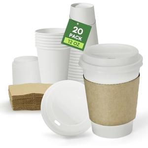 Paper Coffee Cups with Lids & Sleeves 12 oz Hot Cups, 20 Pack To Go Cups with Lids & Sleeves, BPA Free Unbleached Thickened Leak Proof White Paper Cups for Everyday Office Coffee Bar Supply Essentials