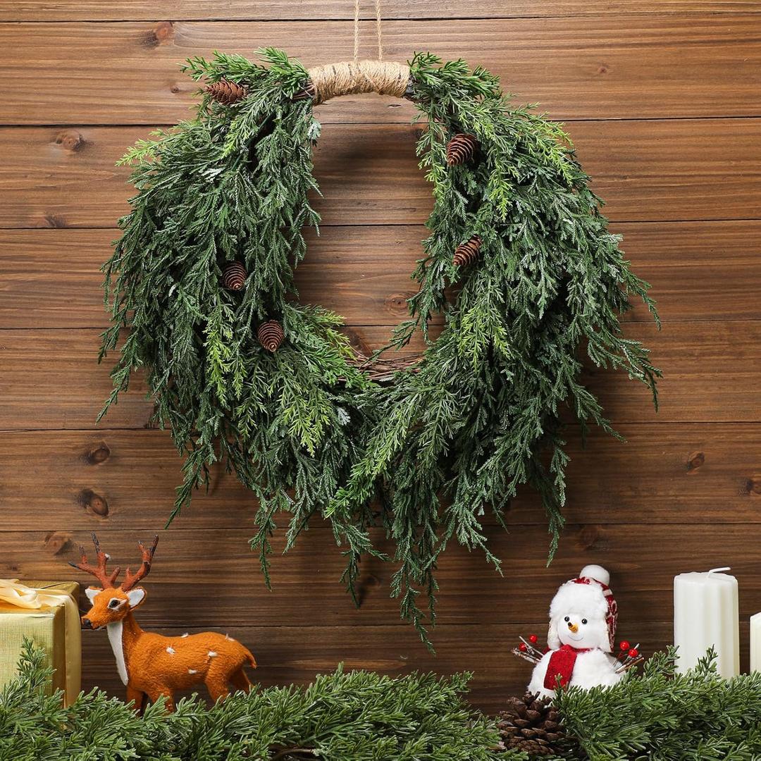 Dingion Large Cedar Christmas Wreath for Front Door with Burlap, Greenery Artificial 18 Inches Xmas Wreath for Holiday Farmhouse Rustic Indoor Outdoor Window Fireplace Wall Hanging Home Decoration
