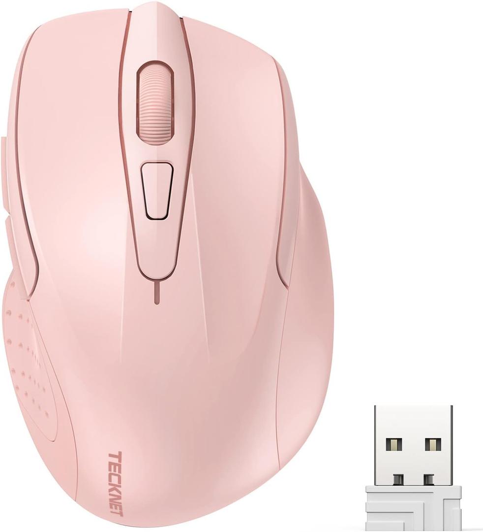 TECKNET Wireless Mouse, 2.4G Ergonomic Optical Mouse, Computer Mouse for Laptop, PC, Computer, Chromebook, Notebook, 6 Buttons, 24 Months Battery Life, 2600 DPI, 5 Adjustment Levels - Pink