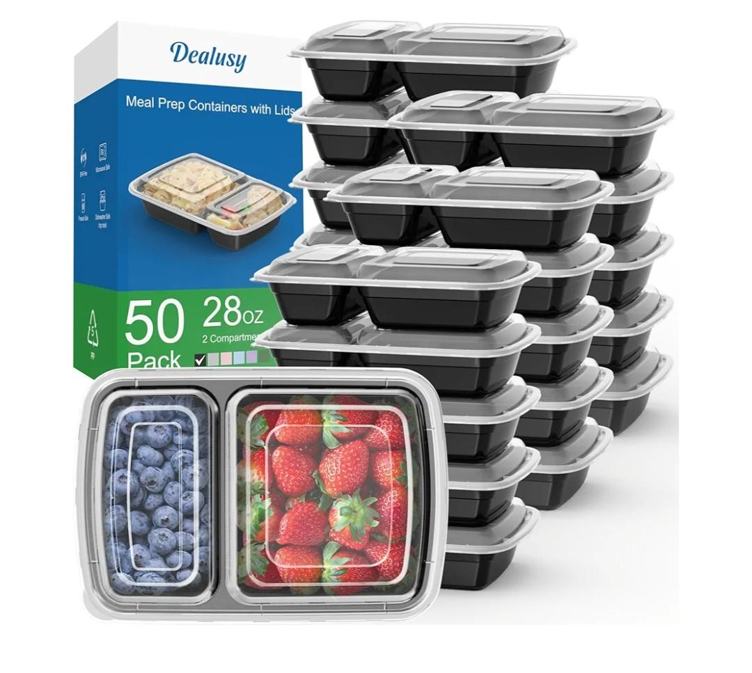 50 Pack (100-Piece) 28 oz Meal Prep Containers Reusable with Lids 2-Compartment, Sturdy Leakproof Food Safe, Microwave Freezer Dishwasher Safe, To Go Take Out Plastic Food Storage, Black