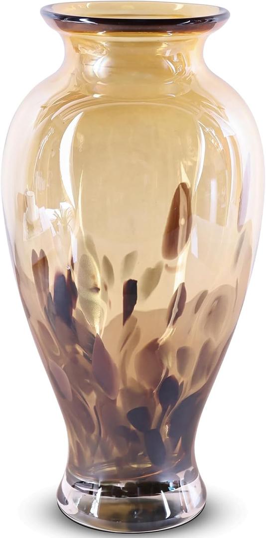 Hand Blown Glass Vase 11.8" Tall Beautiful Amber Gold Sea Wide Mouth Bud Vase for Table Centerpiece, Painted Colorful Murano Glass Flower Vases for - Home Entrance Wedding Center (Electrum)