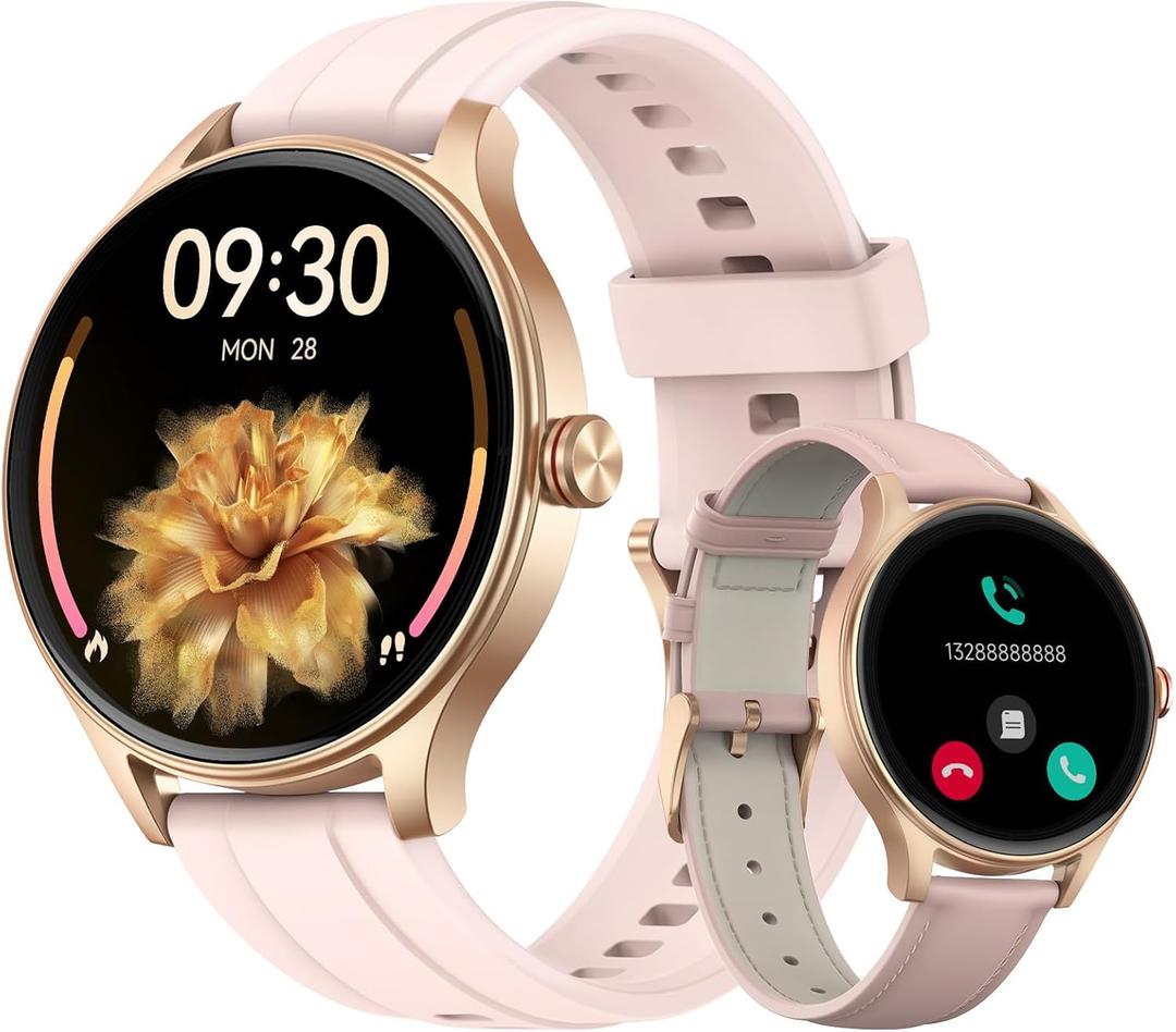 Smart Watches for Women (2 Bands), 1.27" Round Fitness Watch for Android iPhone with Bluetooth Calls (Make/Answer), AI Voice Command, Heart Rate/SpO2/Sleep Monitor, 12 Days Battery, IP68 Waterproof (Pink)
