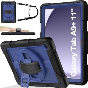 BMOUO for Samsung Galaxy Tab A9+ Plus Case 11" 2023 (SM-X210/X216/X218), Shockproof Galaxy Tab A9 Plus Case with Rotating Stand and Hand/Shoulder Strap, Navy Blue and Black