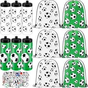 12 Pcs Soccer Water Bottles Soccer Drawstring Bag Set with 50 Sticker Soccer Party Favors 6 Reusable Sports Squeeze Water Bottles 20oz 6 Soccer Goodie Gift Bag for Soccer Team Gifts Players Lovers Gym