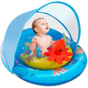 Baby Pool Float with Canopy UPF50+ Sun Protection, Inflatable Baby Swimming Float with Ocean Animal Toys for Kids 12 Months+, Toddler Infant Pool Float with Adjustable Safety Seat for Boys Girls