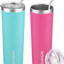 BJPKPK 2 Pack 20oz Skinny Tumblers with Lid Insulated Travel Coffee Cup Stainless Steel Thermal Mug,Turquoise,Pink