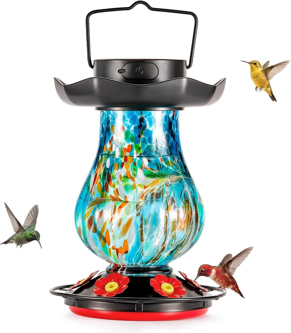 DesGully Solar Hummingbird Feeder for Outdoor - 25 fl.oz Hand Blown Glass Hummingbird Feeders for Outdoors Hanging, Large Capacity with Moat, 6 Colors Changing Light Outside Garden Decor (Blue)