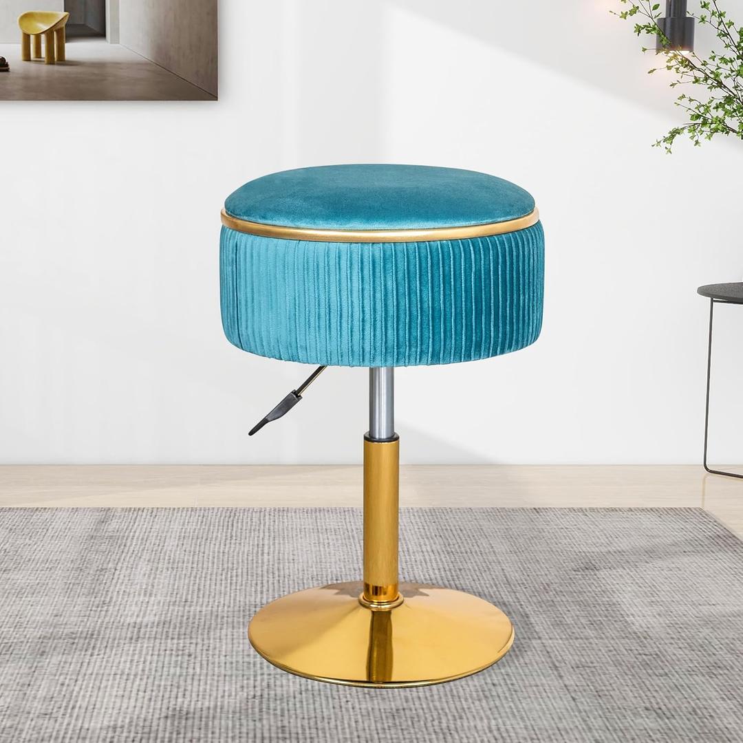 Adjustable Vanity Stool for Makeup Room, 360 Swivel Gold Vanity Chair, Round Storage Ottoman Footrest for Living Room Bedroom, Blue (13 inches)