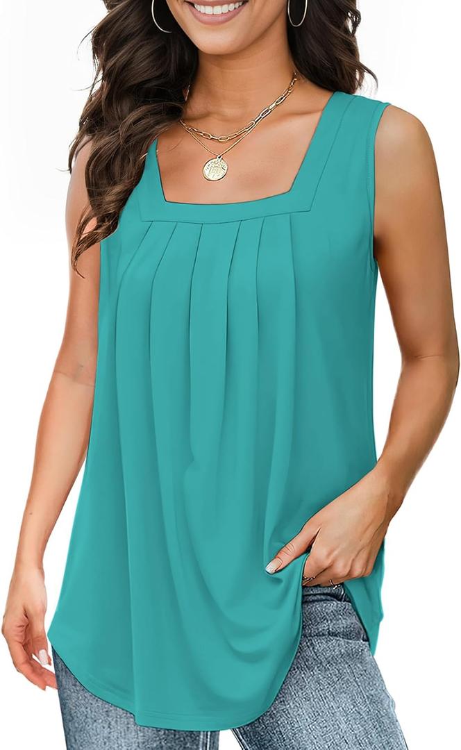 Tank Tops for Women Summer, Loose Fit Pleated Square Neck Sleeveless Tops Flowy Blouse Going Out Tops Basic Shirts (Medium, Blue Green)