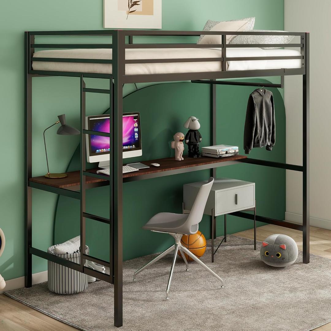 Twin Size Loft Bed with Desk and Closet Rod for Kids,Heavy Duty Loft Bed Frame with Safety Guardrail, Loft Metal Bunk Bed Twin Size, Space-Saving, Noise Free,Black