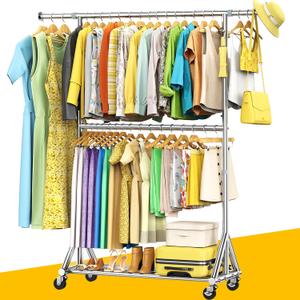 Heavy Duty Double Rods Clothes Rack Load 860LBS, Adjustable Portable Clothing Racks for Hanging Clothes, Rolling Garment Rack With Wheels Shelf, Sturdy Freestanding Closet Rack, 100% Stainless Steel, Silver 