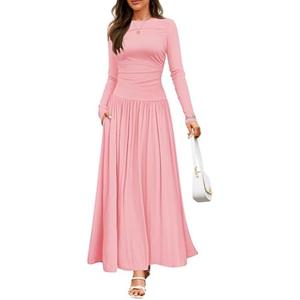 ZESICA Women's Long Sleeve Fall Maxi Dress 2025 Crewneck Knit Casual Slim Swing Pleated Dresses with Pockets, M