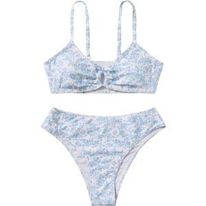 COZYEASE Girls' 2 Piece Ditsy Floral Print Knot Front Ruched Triangle Bikini Swimsuit 11Y