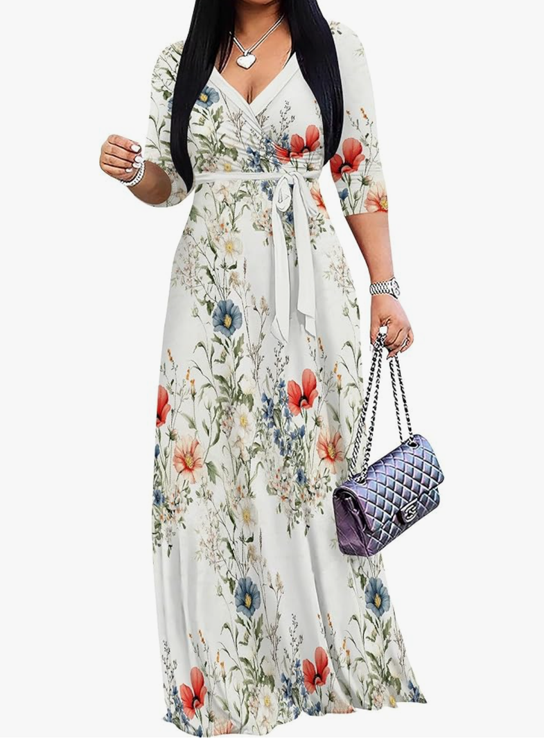 PinkPatty Women's Plus Size Maxi Dresses 3/4 Sleeves Bohemian Long Dress Printed Swing Dress with Belt, 3XL