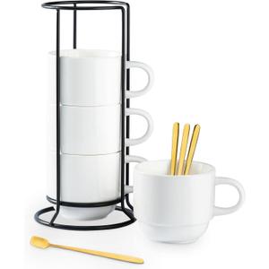 YHOSSEUN Porcelain Coffee Mug Set of 4, Stackable Coffee Mugs with Metal Stand & Spoons, 11 Oz Espresso Coffee Cups Mug Set for Americano, Chocolate Drinks, Milk, Tea, White, No Spoons