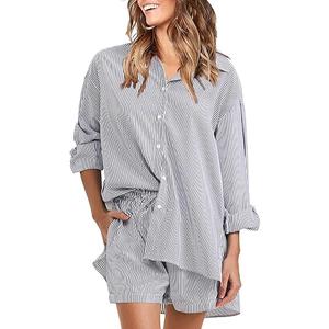 EXLURA Women's Summer 2 Piece Sets Long Sleeve Button Down Shirts Matching Short Sets Beach Vacation Cruise Outfits 2025, XS