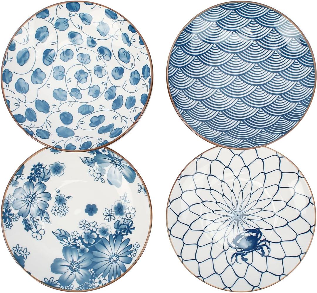 Small Ceramic Salad Plates Set of 4, 7 Inch (13oz) Japanese Appetizer Plates for Sushi Snacks, Dessert Plates for Cake Fruit, Blue & White Dinnerware, Microwave Dishwasher Safe