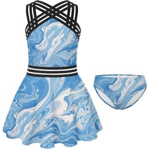 ADUKIDE 9-18T Girls Two Piece Tankini Swimsuits Teens Criss Cross Straps Bathing Suit Flowy Swimdress with Bottom (Blue)