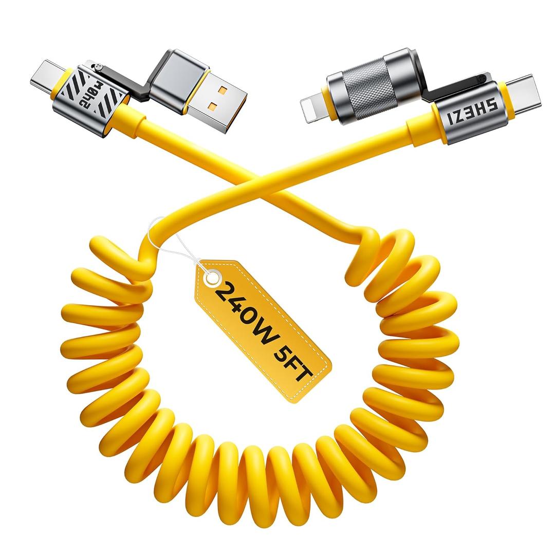 Coiled Cable 4-in-1 USB C Cable 240W Compatible with Lightning Cable Fast Charging & Data Transfer, Support to CarPlay & Android Auto, 5FT Multi Cord Combo Charger for iPhone/iPad