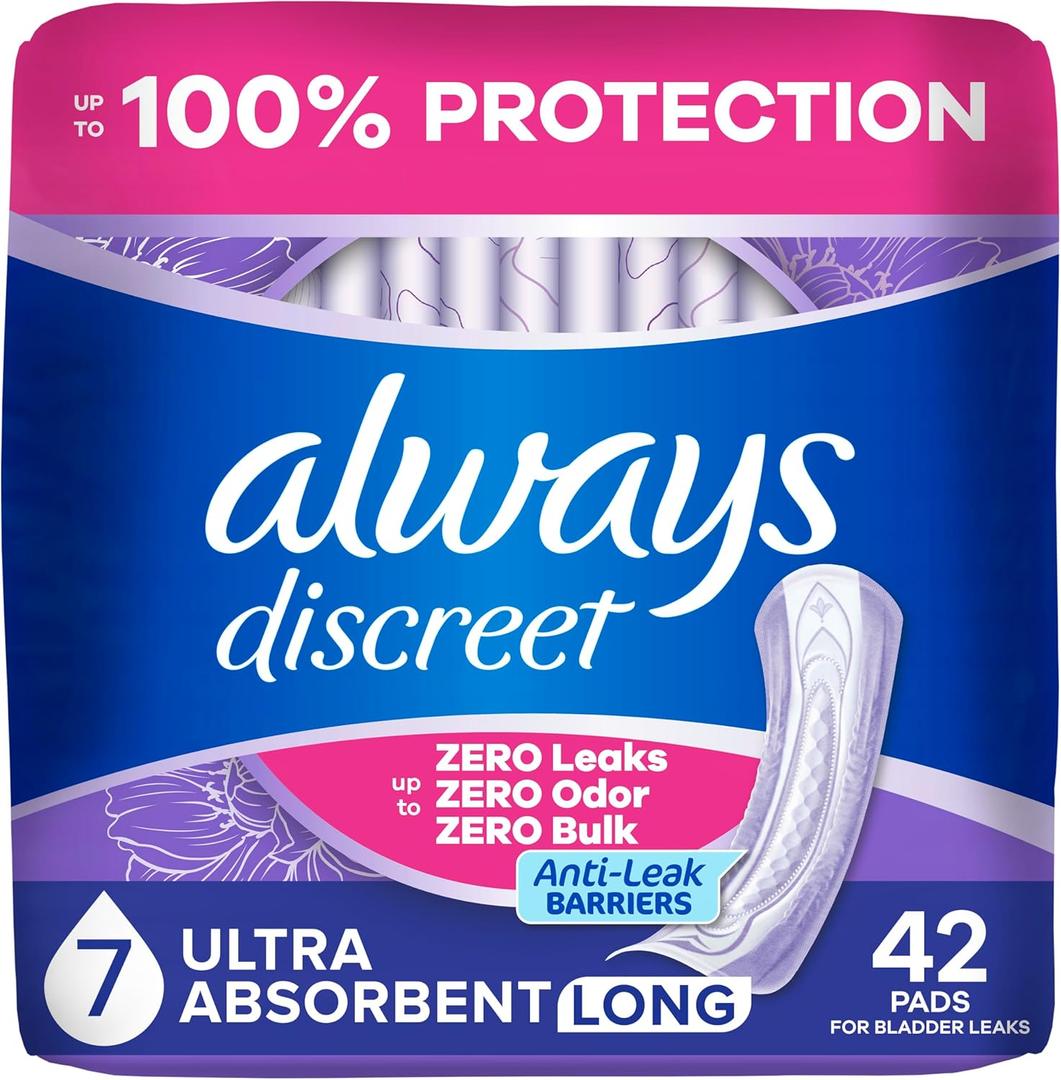 Always Discreet Adult Incontinence Pads for Women, Drier, 7 Drop Long Length, Ultra Absorbency, Pads for Bladder Control Management, Bladder Leaks, Overnight & Postpartum Pads, 42ct