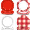 48Pcs Red Plaid Checkered White Party Paper Plates for Red White Gingham Checkered Party Supplies 7" Red and White Gingham Dessert Plates for Picnic Barbecue Birthday Party Decorations
