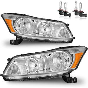 Headlights W/Bulbs for 2008-2012 Honda Accord 4Dr Halogen Headlamp Replacement Driver & Passenger Side, NOT fit coupe or Crosstour models, Chrome - With H/L Beam Bulbs