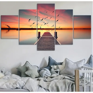Wooden Large 5 Piece Canvas Wall Art Beautiful Sea View Sunset Painting Picture for Bedroom Living Room Office wall Decor Artwork Framed Gicle Prints Posters Stretched Ready to Hang