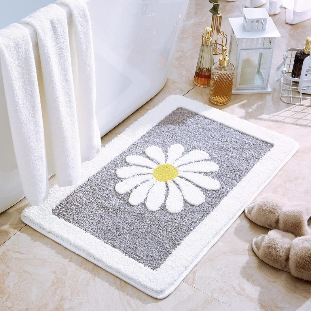 Rugs Mat, White Flower Bath Rugs Fluffy Soft Superfine Fiber Rugs Non Slip Bath Mat Machine Wash Plush Bathroom Rug for Bathroom Shower Room (16"24", Gray) (Grey)