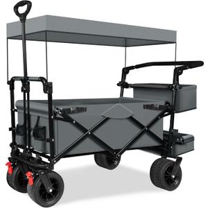TAIFA Collapsible Foldable Wagon Cart with Removable Canopy, Push Pull Utility Beach Wagon with Big Wheels and Brakes for Sand Shopping Camping Outdoors, Gray.