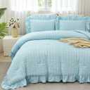 Blue Ruffle Bedding Set Seersucker Full Size Bed in A Bag 5 Pieces Soft Fluffy Bed Set All Seasons Shabby Chic Ruffled Comforter Set for Girls Women Room Decor(Blue, Full)