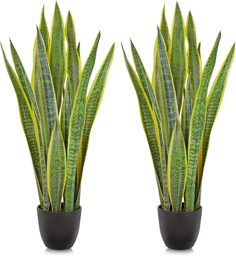 Hollyone 2 Set Artificial Snake Plant Potted, 28 Inch Faux Sansevieria Trifasciata Plants Large Tall Tropical Fake Snake Plants Tree in Black Pot for Home Office Room Patio Garden Indoor Outdoor Decor