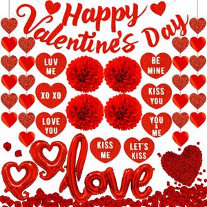 Valentines Day Decorations Set with Happy Valentine's Day Banner, Garlands, Love Balloons, Rose Petals, Paper Poms, Hanging Cards for Home, Bedroom, Office, Anniversary, Date Night Dcor