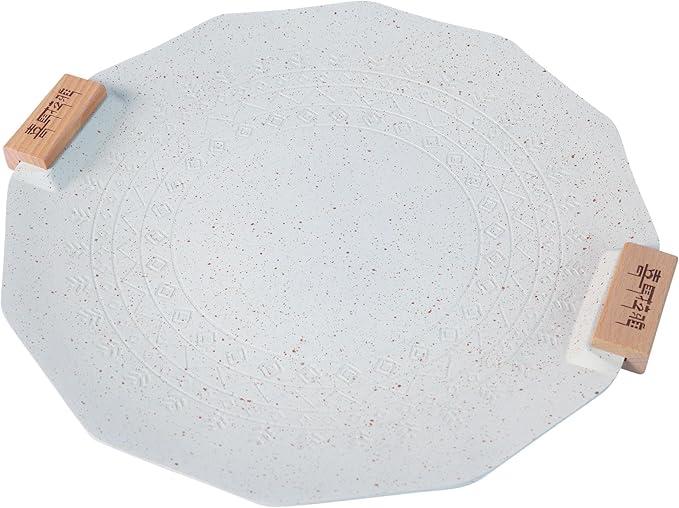 Korean Grill Pan 13.78 Inch Black Nonstick Coating Camp Fire BBQ Griddle Pan with Wood Handle for Indoor Outdoor Fire Camping Induction Gas Stove Electric Cooktop (White)