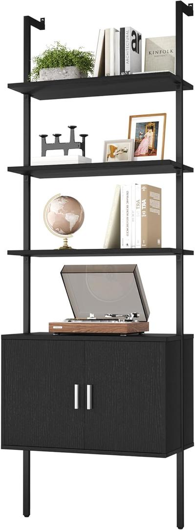 Yusong 73" Tall Bookshelf with Cabinet, Industrial Ladder Wall Mount Shelf Bookcase with Wood and Metal Frame, Plant Shelf Wall Storage Display for Living Room Bedroom, Black Wood Grain