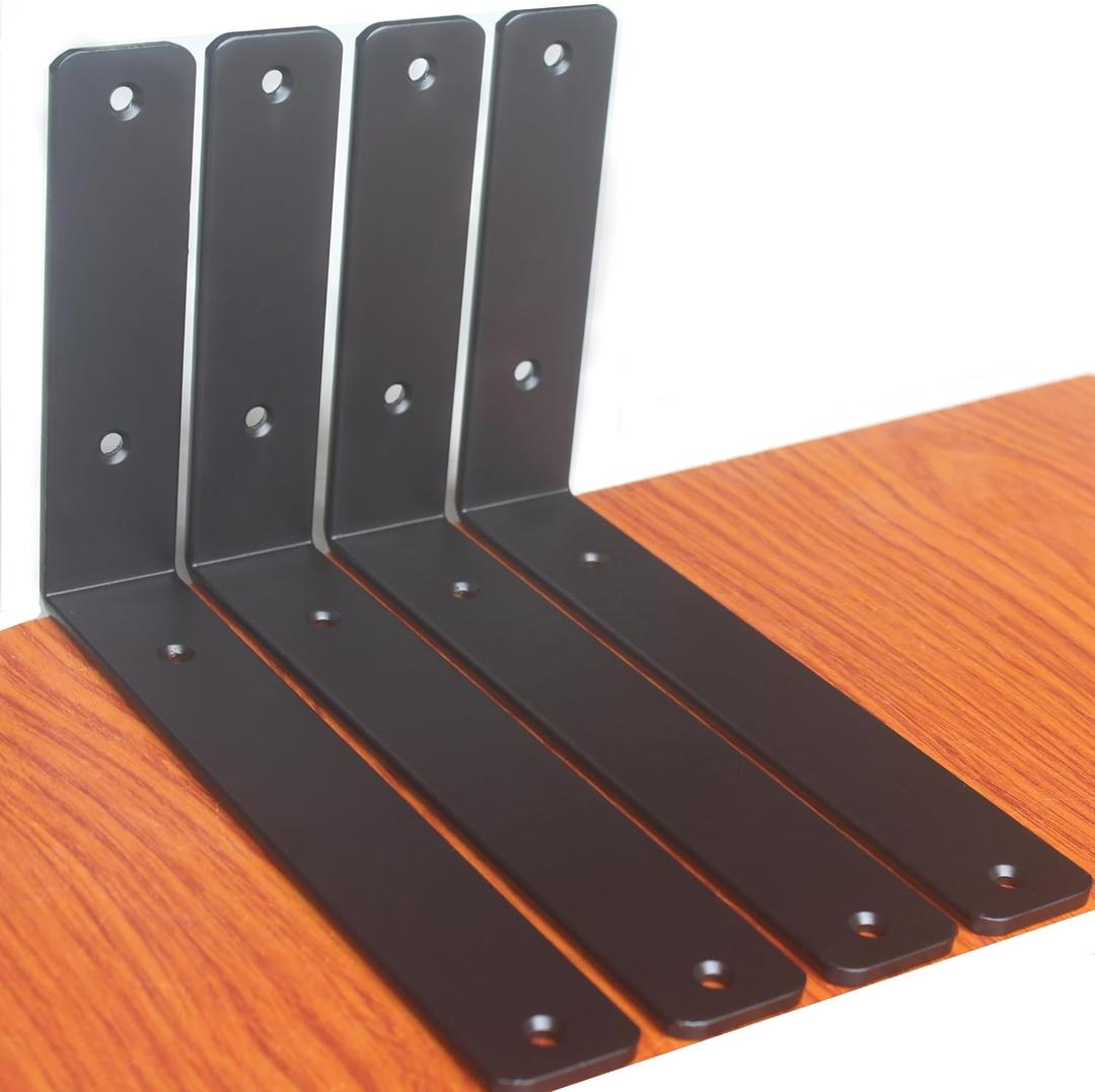 4 Pack - L 9" x H 6" x W1.5, 5mm Thick Black L Shelf Bracket, Iron Shelf Brackets, Metal Shelf Brackets, Floating Shelf, Shelf Supports with Screws