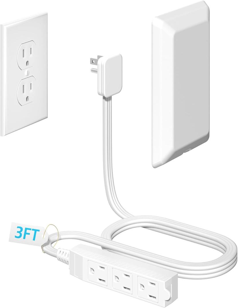 Flat Plug Extension Cord 3FT with Outlet Covers Baby Proofing,Ultra Thin Outlet Concealer with Cord Concealer Kit,3 Outlet Power Strip,13A 125V 1625W,Universal Size for Home,Kitchen,ETL Listed,White