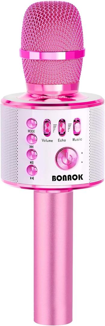 BONAOK Kids Karaoke Microphone, Wireless Bluetooth Microphone for Singing, Gift for Kids, Adults, Girls, Boys, Christmas Kids Toys Gifts for Ages 3, 4, 5, 6, 7, 8+ Years Old (Light Pinkcolor)