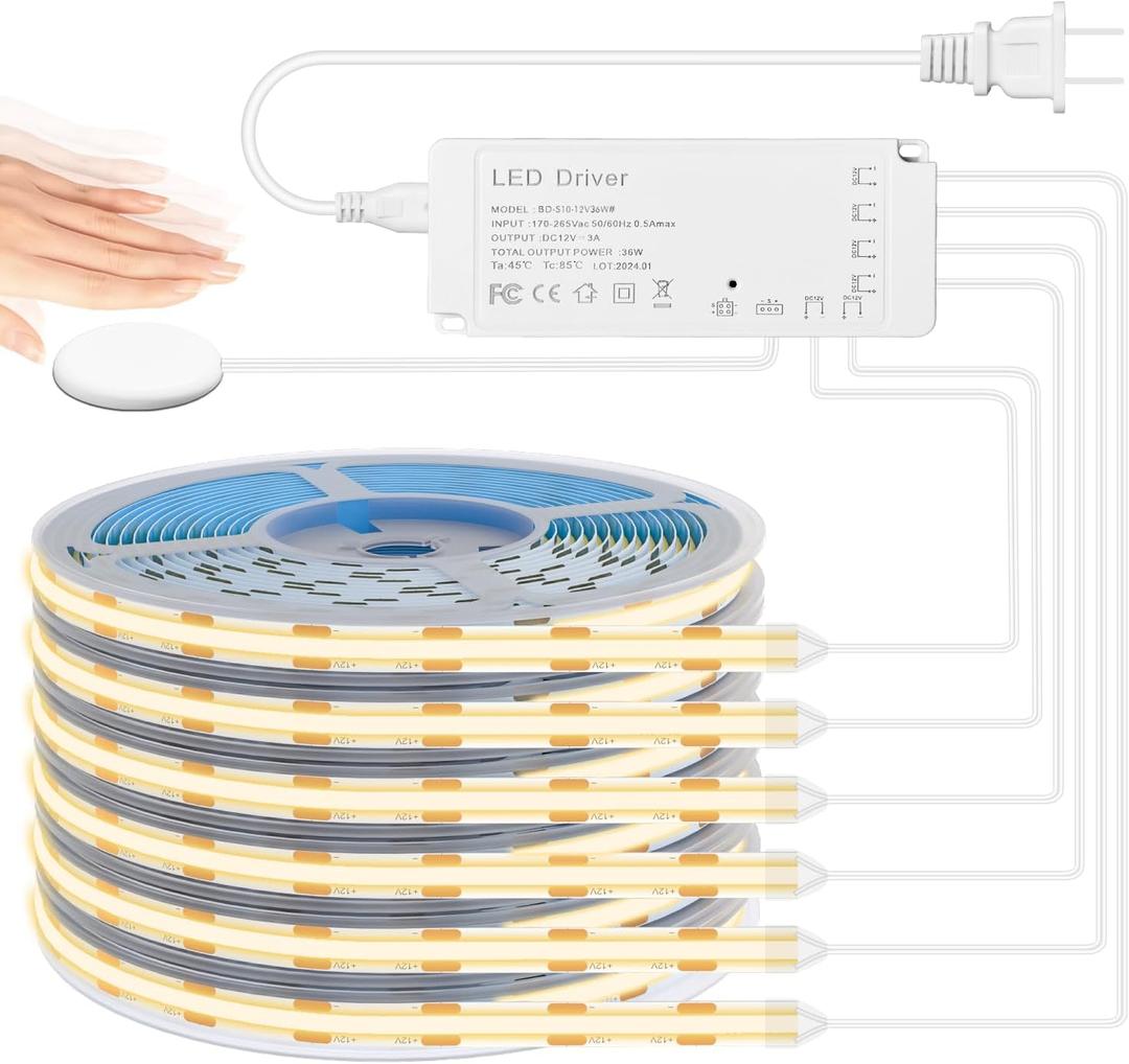 Lichaser 6.56ft COB LED Strip Light, 6 Rolls of 3000K Flexible COB LED for Acoustic Panel and Wood Slat Wall Panels Parallel with Dimmable Touch Sensor Switch, Cuttable for Wood Slat Lighting, Shelf