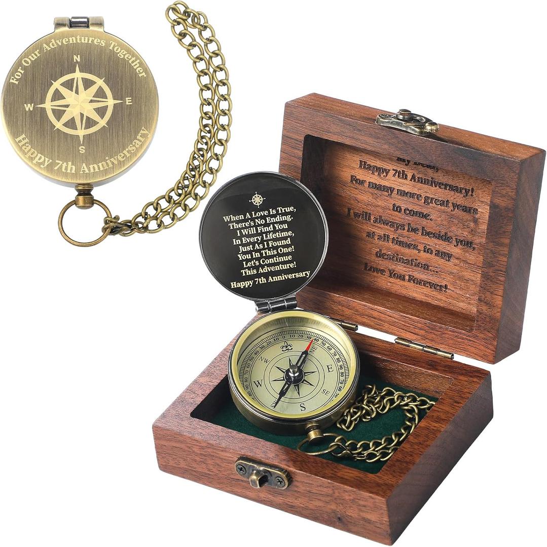 Relaxweex Anniversary Copper Gift for Him Her Engraving Quote Compass with Black Walnut Box Wedding Engagement Copper Keepsake Gifts for Men Women Husband Wife Couples