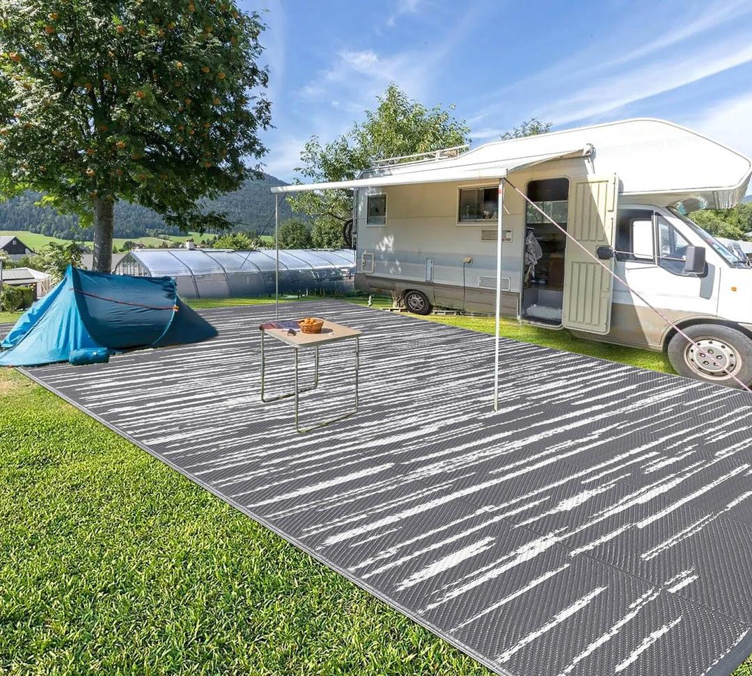 HEBE Outdoor Rug 9'x18' for Patios Clearance Waterproof Patio Mat Plastic Straw Rug Reversible RV Camping Tent Rug Outside Indoor Outdoor Area Rugs for RV,Deck,Beach,Balcony,Camper (Stripe/Grey)
