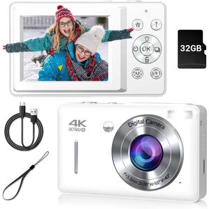 Digital Camera, 44MP Compact Camera, FHD 1080P Point and Shoot Digital Cameras with 16X Zoom, Face Detect, Smile Capture, Anti Shake, for Boys Girls Teens Gifts (White)
